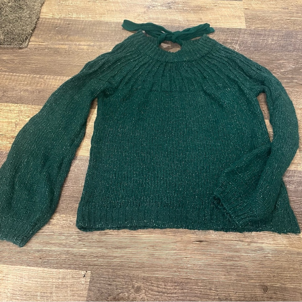 LC Lauren Conrad Dark Green Knit Sweater Balloon Sleeve Bow Tie Back Size XS